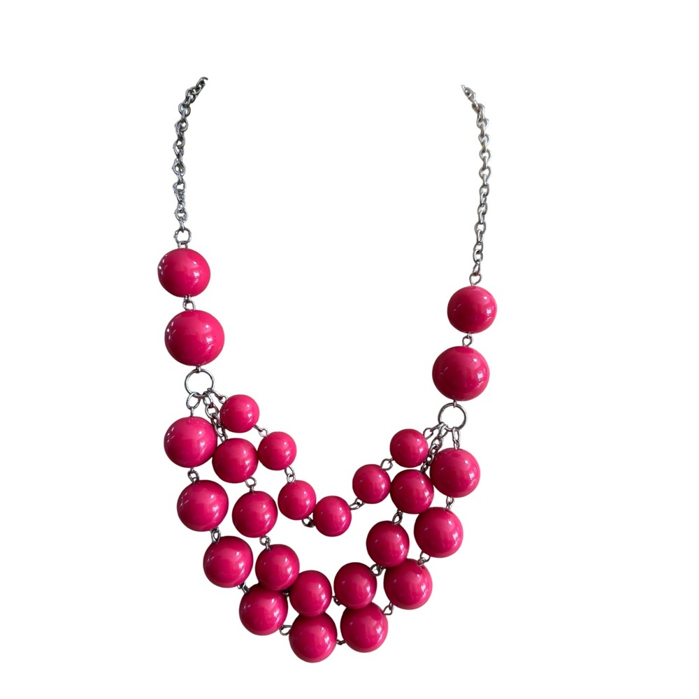 Hot Pink Multi Strand Bubble Statement Necklace Silver Tone Chunky Bib Tiered